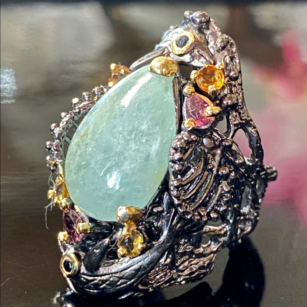 Adorable Genuine Aquamarine Ring With Gemstones